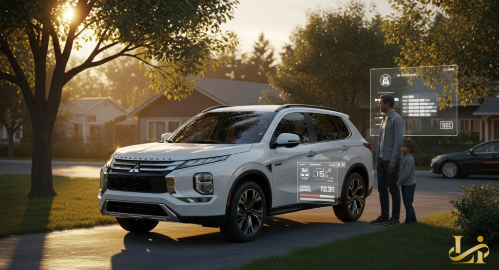 Father and child stand beside a white Mitsubishi SUV in a suburban driveway at sunset as holographic overlays show maintenance checks and long-term reliability scores post-repair.