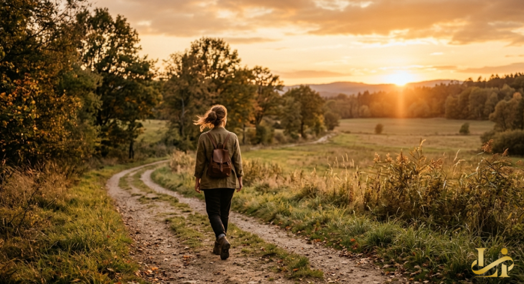 Woman with a backpack walks away down a winding country road toward a golden sunset, trees and fields stretching into the horizon on a quiet evening.