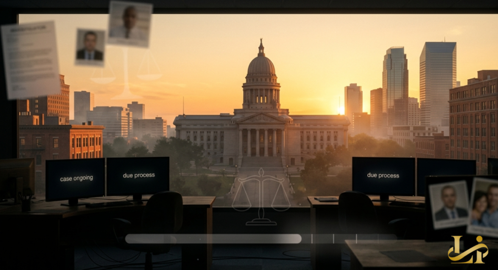 An office view looking out toward a capitol dome at sunset with a judicial scale watermark and "Due Process" monitors.
