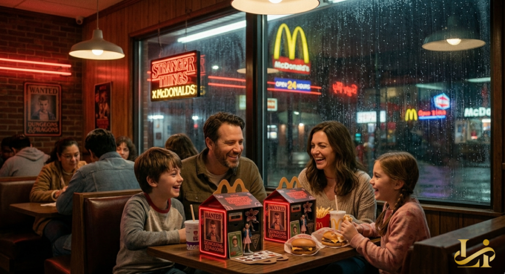 Family laughs around a booth at night with Stranger Things Happy Meal boxes, burgers, and fries on the table, as rain hits the window and neon signs glow outside.