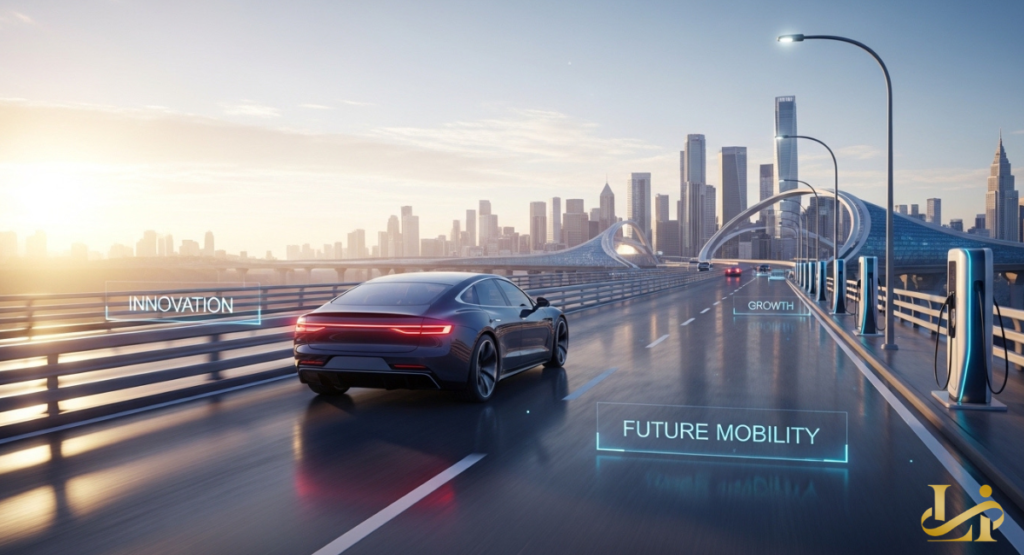 A sleek black EV drives across a sunrise bridge toward a futuristic skyline lined with chargers. Overlays read “INNOVATION,” “GROWTH,” and “FUTURE MOBILITY” as the road opens ahead