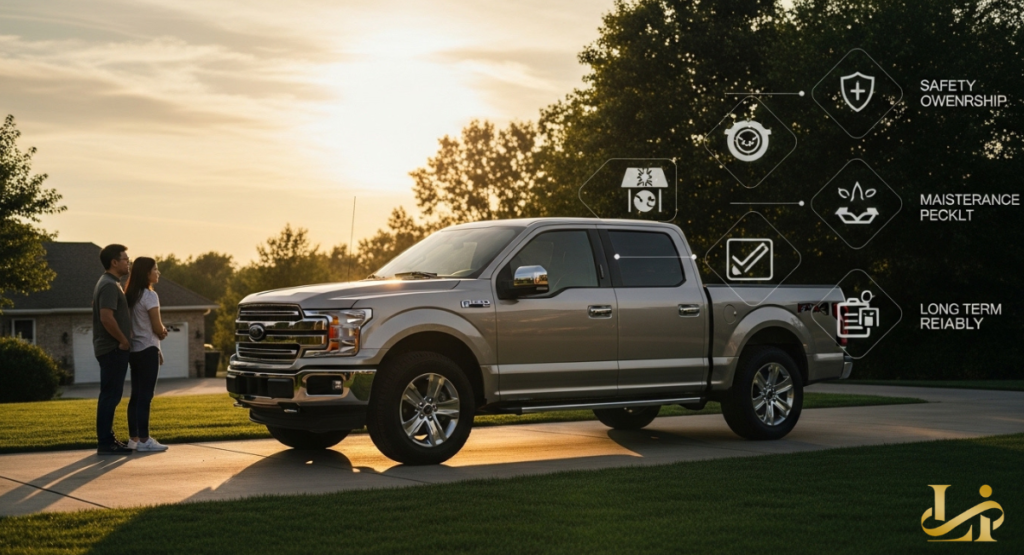 Couple stands beside their F-150 in a driveway at sunset with icons for safety, maintenance, and long-term reliability floating beside the vehicle.