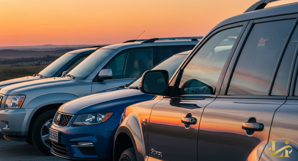 Four SUVs parked nose-to-tail at sunset with an orange sky reflected on their flanks, chrome grilles and side mirrors catching the last light.