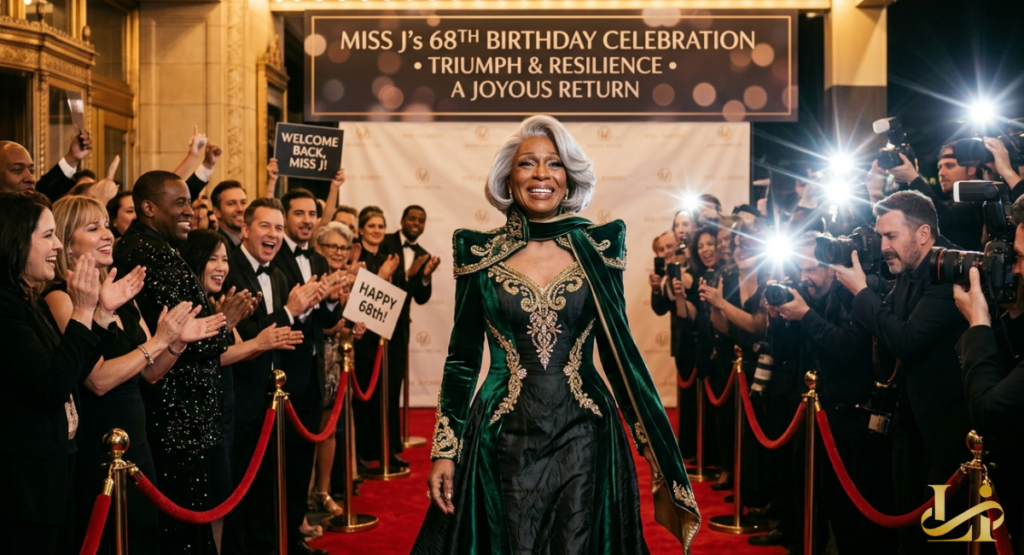 A public figure in a regal green and black gown smiles broadly while walking a red carpet.