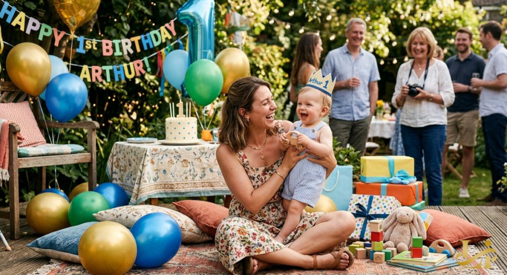 A mother sits on a rug outdoors with her toddler son, celebrating his first birthday with balloons, gifts, and a small cake.