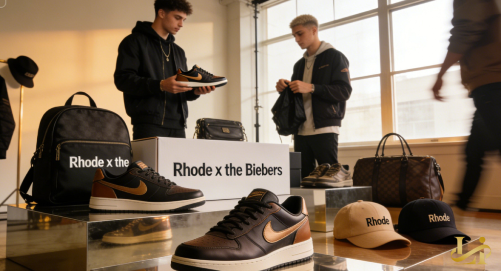 Low-top sneakers with tan swooshes displayed on mirrored pedestals beside branded caps and bags. Two people browse apparel in a bright studio while a large sign reads “x the Biebers”.