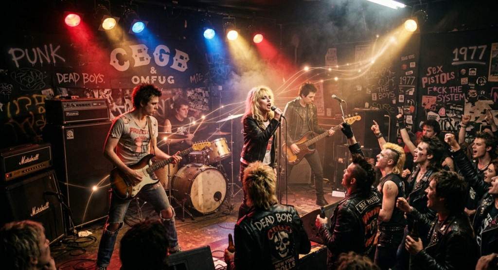 Band performs on graffiti-covered CBGB stage under red and blue lights as punk crowd moshes. Guitarist, bassist, and lead singer in leather connect with fans in a packed 1977 New York club.