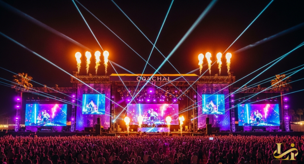 A high-energy performance shot of a headlining artist on a stage illuminated by deep blue and purple laser lights. The massive crowd is seen with hands raised against the night sky.