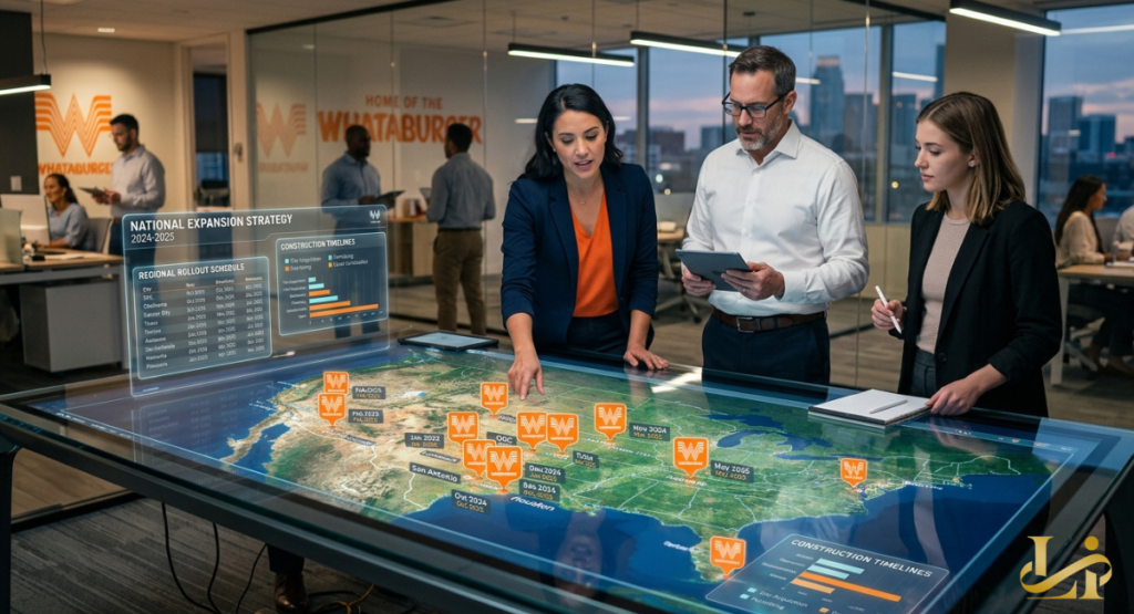 Corporate team reviews interactive US map with orange Whataburger location pins at glass conference table.
