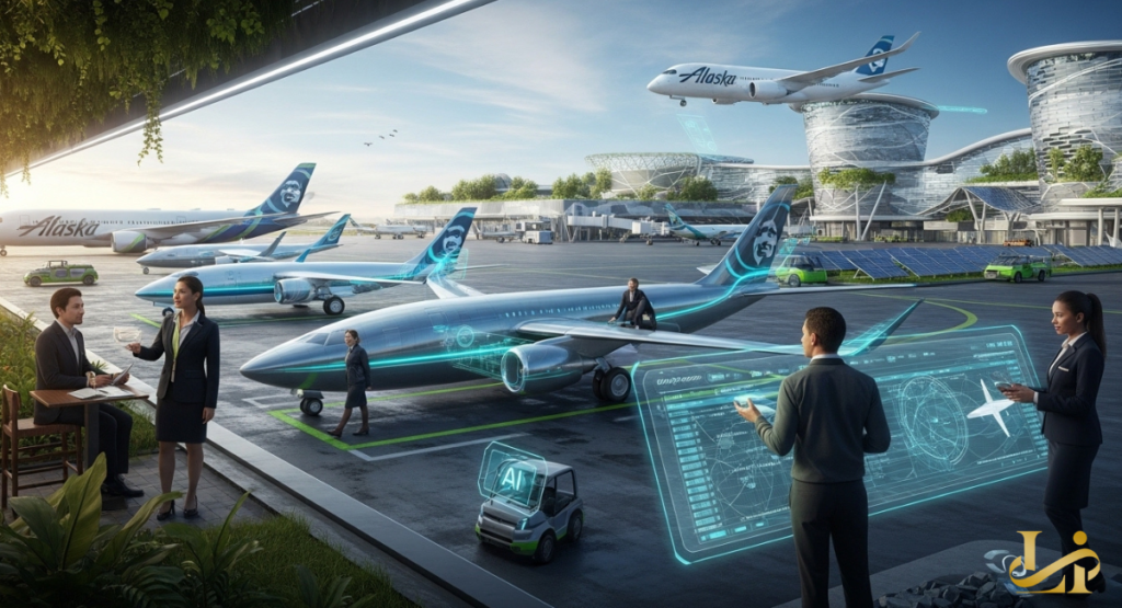 Futuristic airport scene with next-generation aircraft, solar arrays, and holographic displays. Staff review digital schematics while an Alaska jet climbs above modern terminals.