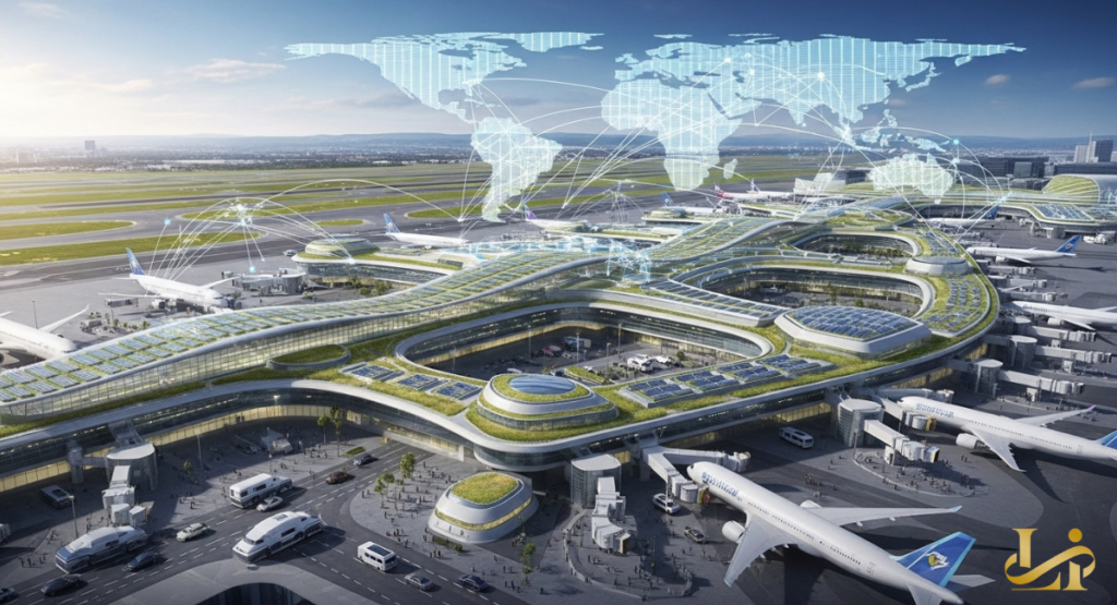 Aerial render of Frankfurt Airport’s Terminal 3 shows green roofs, solar panels, and connected piers with holographic flight paths linking Europe to global hubs.