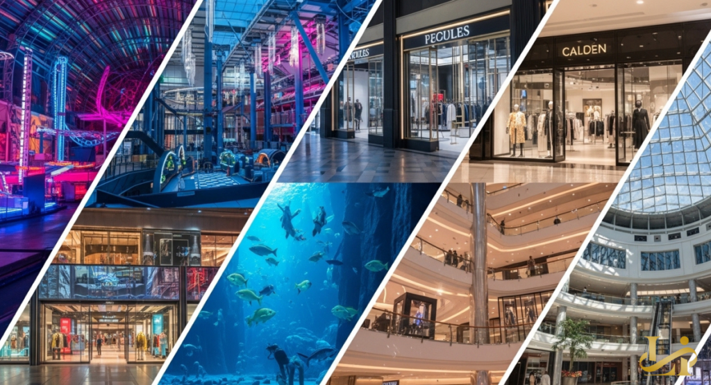 A colorful collage featuring an indoor water park, a theme park with roller coasters, and a professional-grade indoor ski slope.
