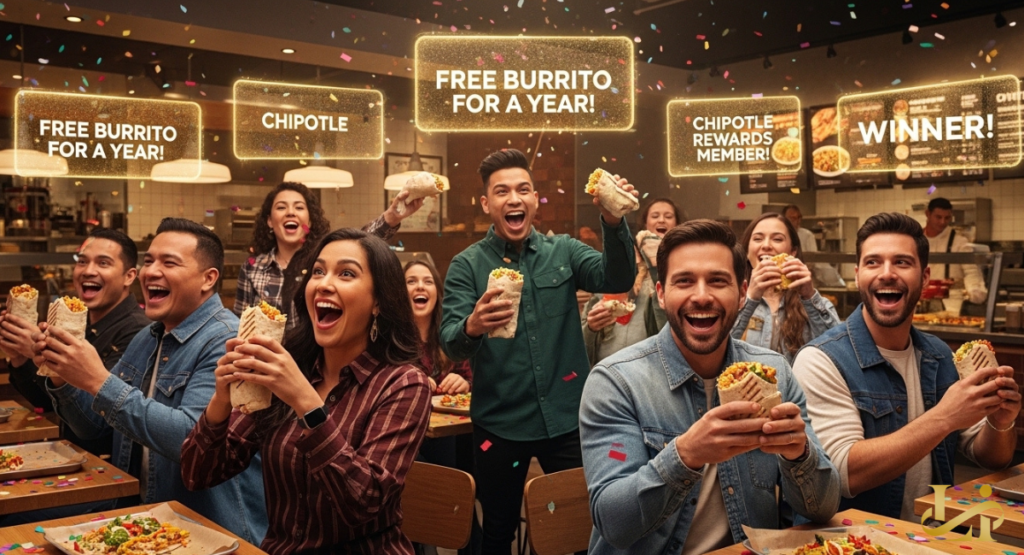 Cheering crowd holds burritos as confetti falls in a Chipotle restaurant. Holographic signs read “FREE BURRITO FOR A YEAR!” and “WINNER!”