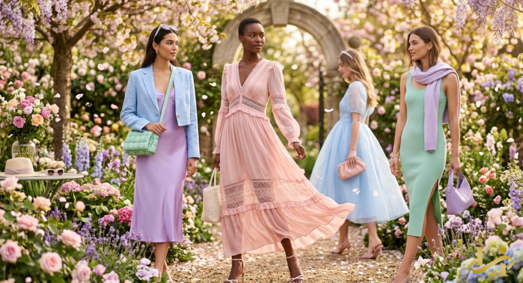 A close-up shot of the vibrant pink satin fabric and pearl detailing on a designer dress, reflecting current spring fashion trends.
