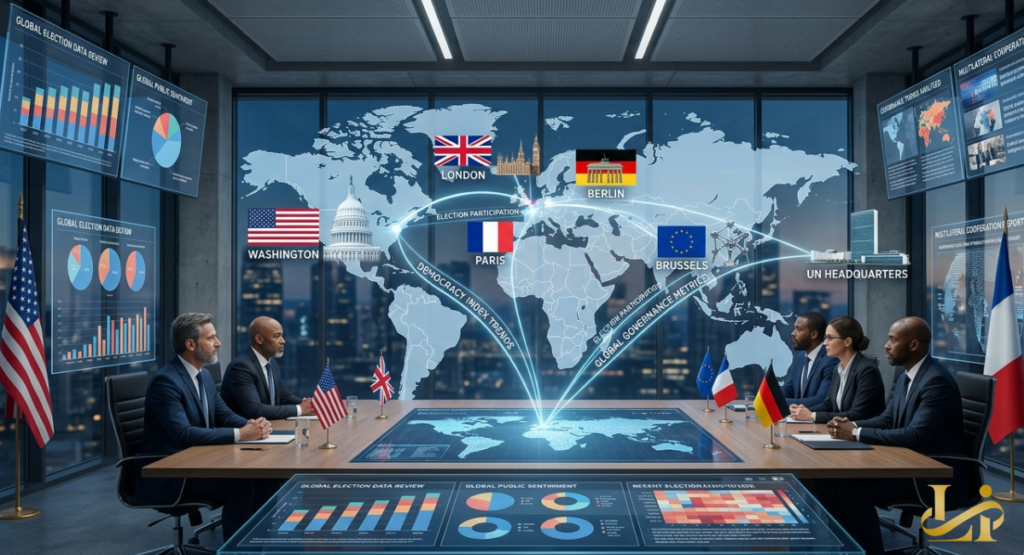 Five diplomats in suits sit around a large, illuminated glass table with world map projections, flags, and data visualizations on screen.