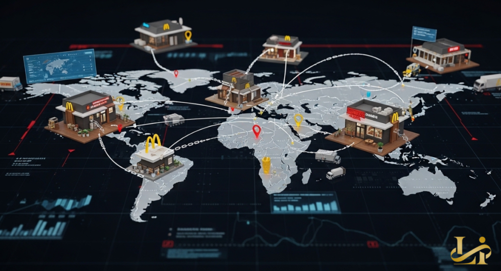 3D map shows McDonald’s locations worldwide connected by light trails, with pins marking phased launches and supply trucks delivering themed boxes to each region.