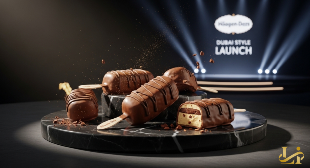 Glossy chocolate-dipped mini bars sit on a marble pedestal under spotlights with “DUBAI STYLE LAUNCH”