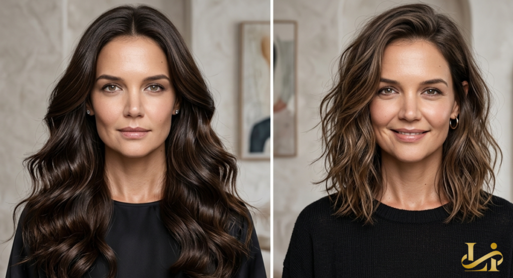 A close-up side-by-side comparison of a woman's face showcasing a dramatic hair makeover from long and straight to short and wavy.