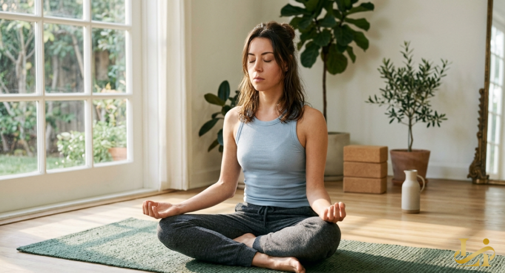 A woman sitting in a meditative lotus position on a green yoga mat in a bright, sunlit room. She has her eyes closed and hands resting on her knees, surrounded by indoor plants and minimalist decor.