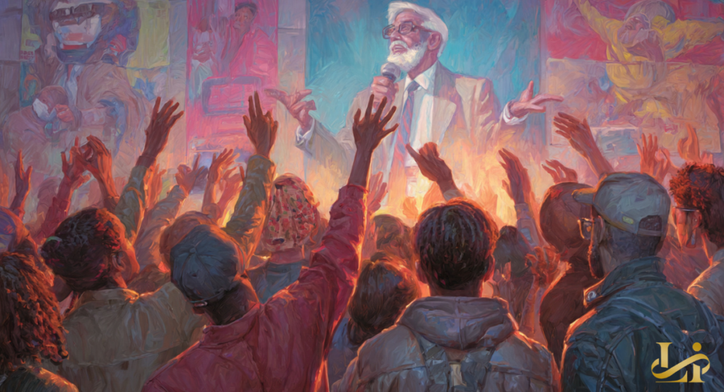 Illustrated crowd raises hands toward a bearded figure speaking into a microphone before colorful murals,