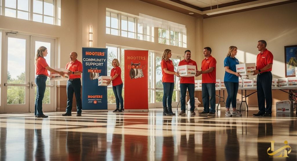 A group of Hooters employees standing outside a community center, proudly holding a large ceremonial donation check for a local charity.
