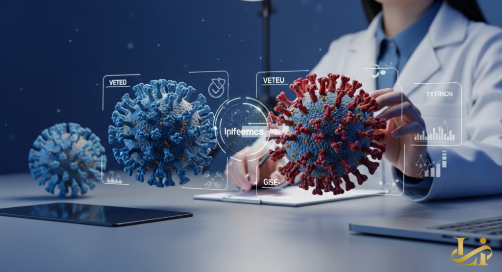 A researcher examines holographic models of two virus particles with data overlays. Charts and labels float beside the blue and red spike-protein spheres.