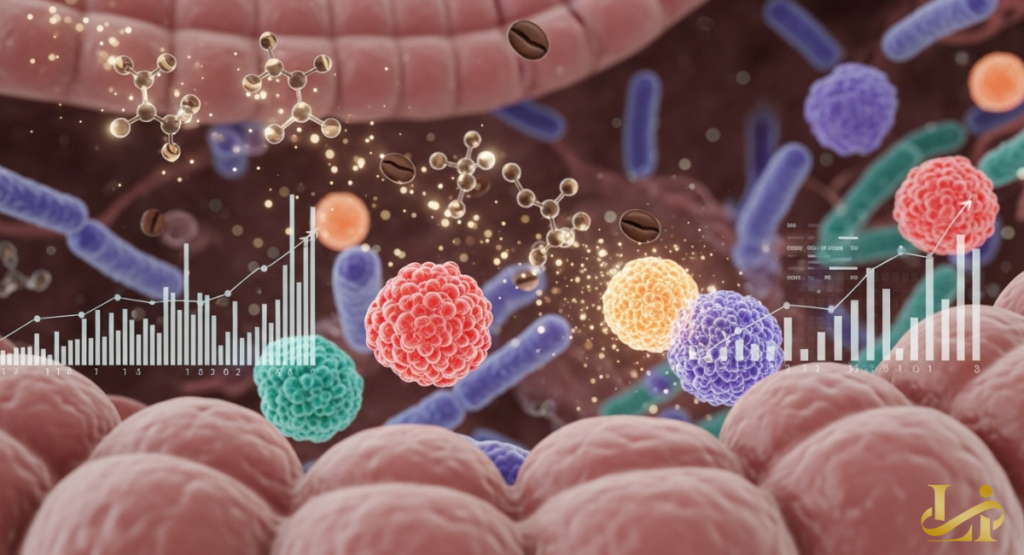 Microscopic view of intestinal lining shows coffee beans, molecular structures, and vibrant bacteria clusters