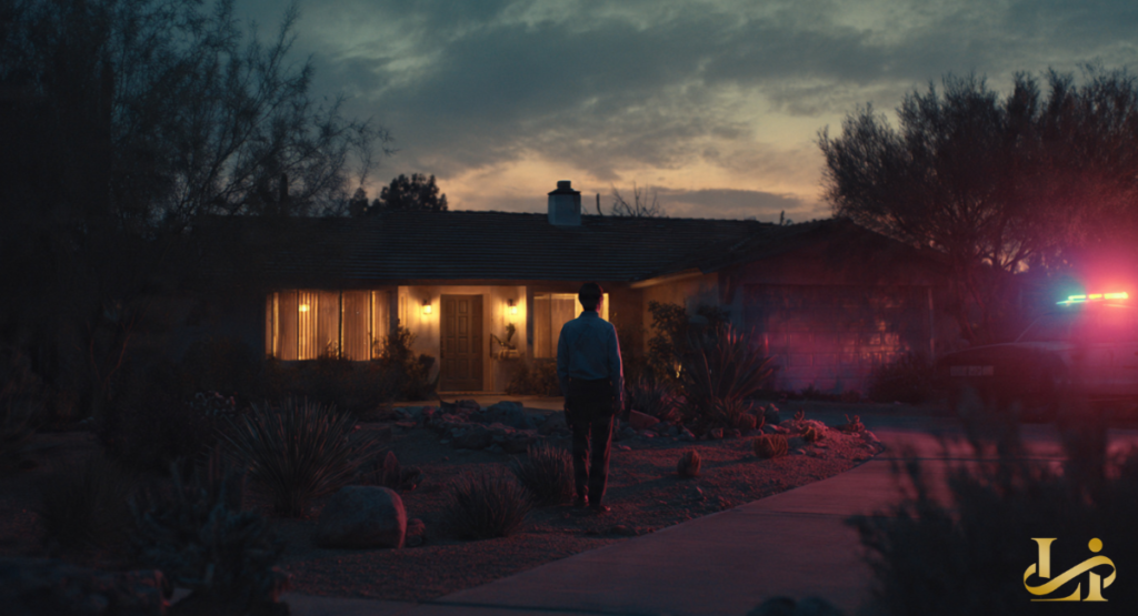 Officer walks toward a ranch-style home at dusk as police lights cast red and blue hues across the desert landscaping