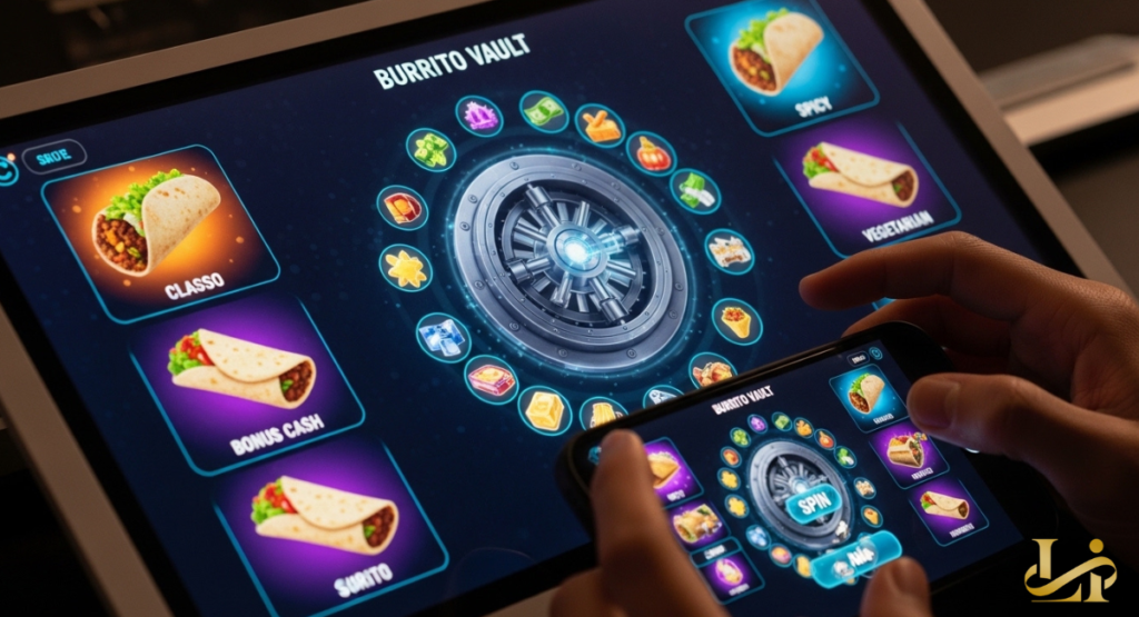 Hands interact with a tablet and phone showing the Burrito Vault game interface. A glowing vault dial is surrounded by burrito icons and prize symbols.