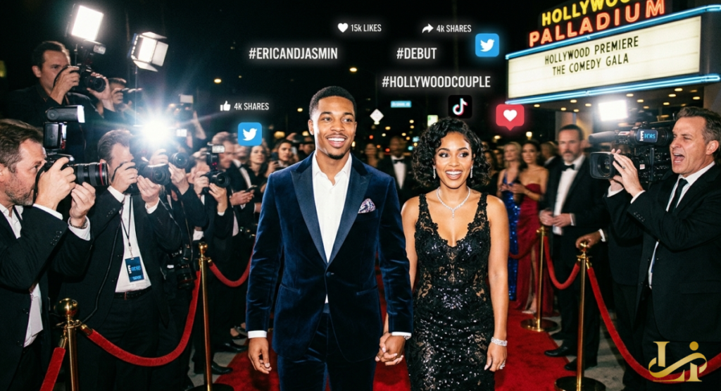 A young couple holds hands on the red carpet outside the Hollywood Palladium, surrounded by photographers as social media icons show likes, shares, and hashtags overhead.