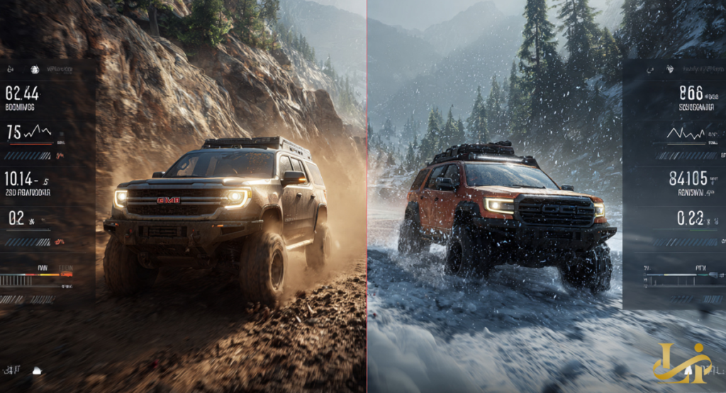 A rugged, slate-gray SUV with a bold front grille and high ground clearance parked on a scenic mountain trail.