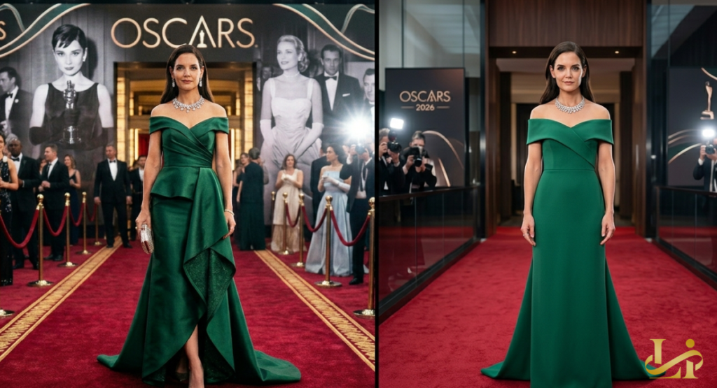 A split-screen composition contrasting a full-length photo of a woman in a peplum green gown with a side-by-side pose of the same woman in a simpler fitted gown.