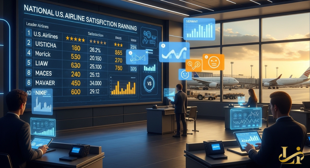 Analysts review a “NATIONAL U.S. AIRLINE SATISFACTION RANKING” board with star ratings and sentiment icons
