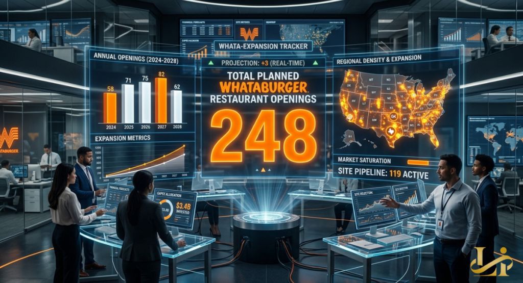 Analysts monitor holographic displays showing 248 total planned Whataburger restaurant openings. Annual bar charts from 2024 to 2028 and a US heatmap track site pipeline and regional density.