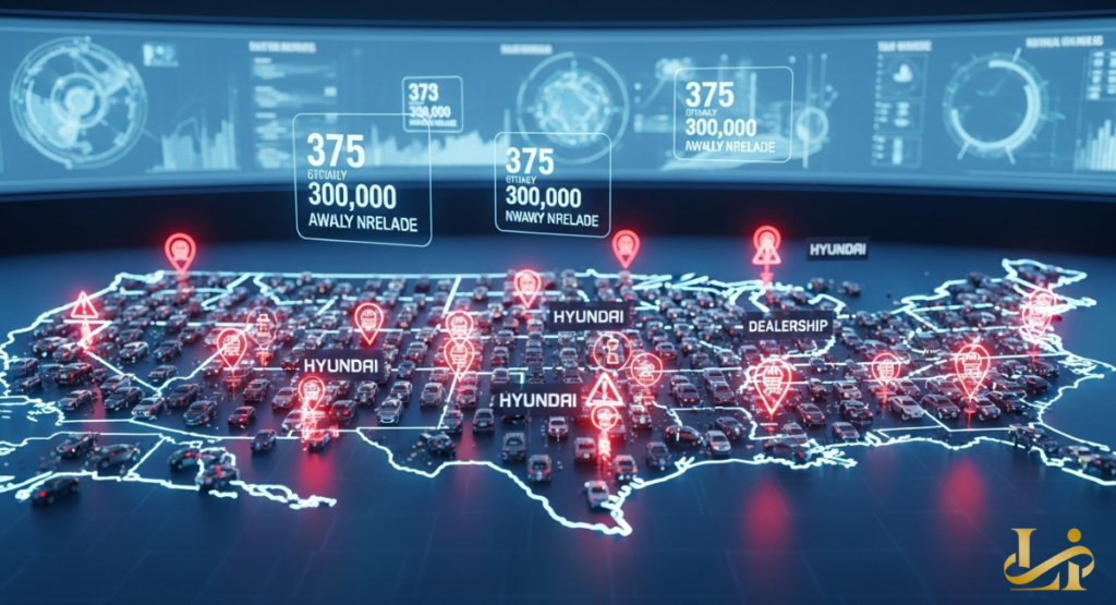 A glowing digital map of North America with highlighted hotspots indicating regions with the highest density of registered affected vehicles. Data streams connect different service centers across the country.