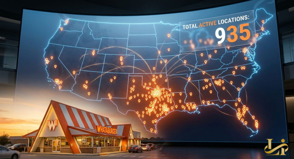Large curved screen shows US map with 935 total active Whataburger locations as glowing orange pins. Iconic A-frame Whataburger restaurant at sunset sits in front of the national footprint display.