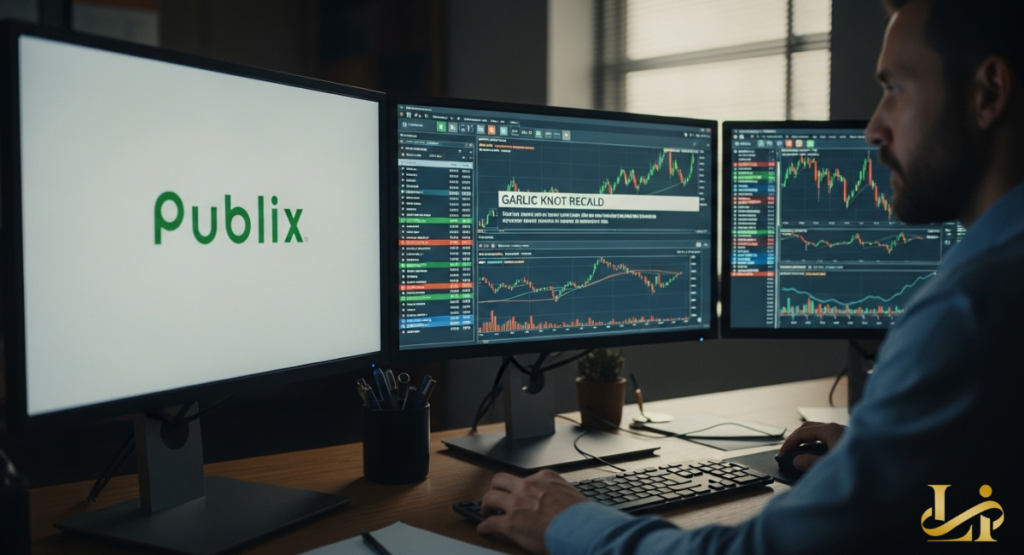 An investor sitting in front of three large computer monitors displaying real-time financial data and market trends. One screen prominently features a corporate logo alongside a news alert about a product safety event.