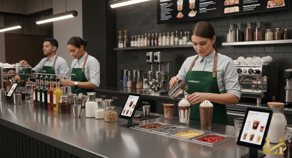 A barista in a green apron pours milk into tall glasses lined with chocolate drizzle at a sleek prep bar. Syrups, toppings, and tablets displaying drink options are arranged across the stainless counter.