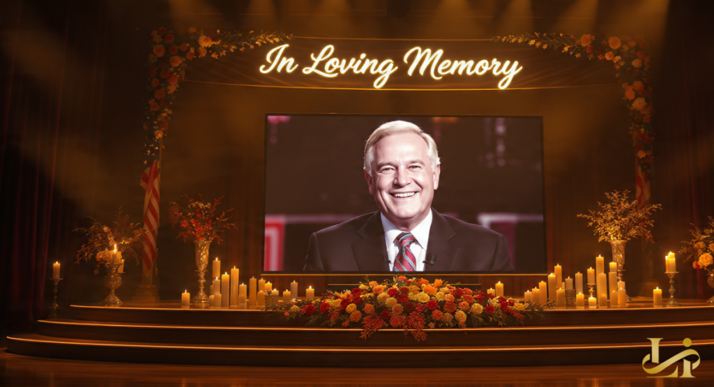 Memorial stage lit by candles and flowers frames a large portrait under an “In Loving Memory” sign, with American flags and warm spotlights creating a tribute atmosphere.