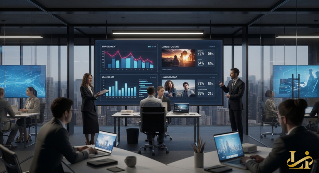 A corporate boardroom with a large screen displaying engagement metrics and leaked footage stats.
