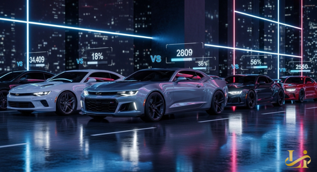 A silver sports car leads a pack of various colored performance vehicles on a wet city street lined with neon-lit skyscrapers.