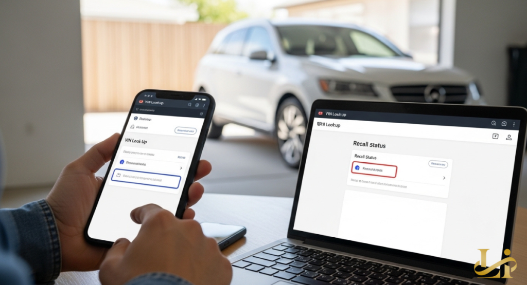 A person checks a VIN lookup tool on both phone and laptop with a blurred SUV parked in the garage behind them.