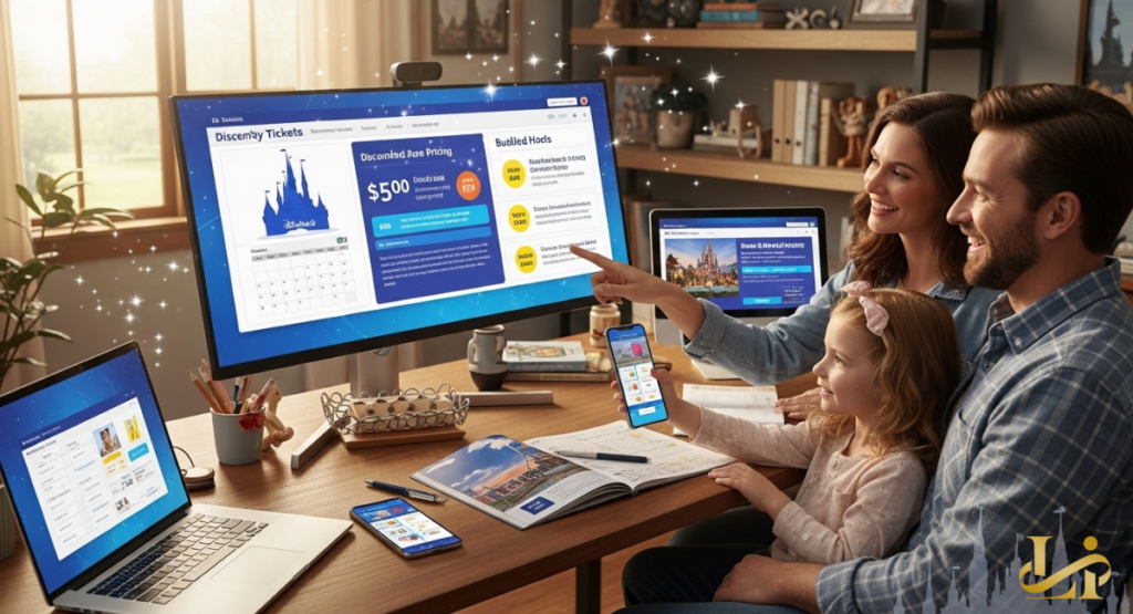 Smiling family of three points at a desktop screen showing “Discounted Rate Pricing” while surrounded by laptops, phones, and travel guides in a home office.
