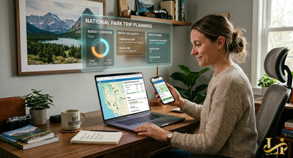 Woman at desk uses laptop and phone to check park entry alerts and pass options. Holographic dashboard shows budget overview and reservation requirements for national parks.