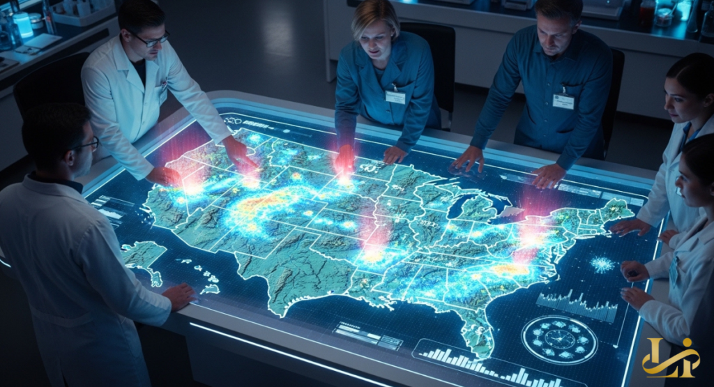 Scientists in lab coats gather around a glowing interactive table showing a US map with hotspots. They point at regional data visualizations that highlight outbreak patterns across states.