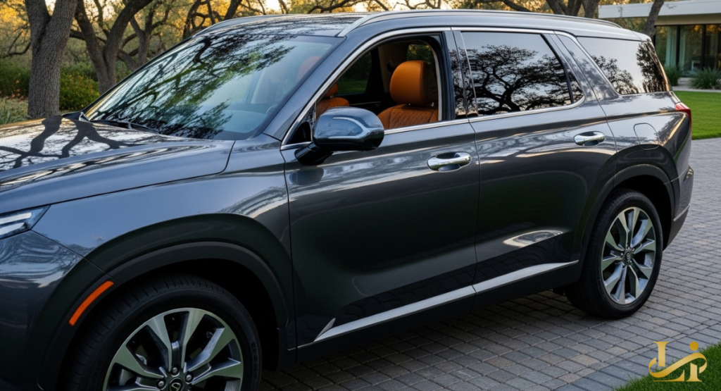 Dark gray Hyundai Palisade captured in side profile beside trees and a modern home, tan leather seats visible through the open front window.