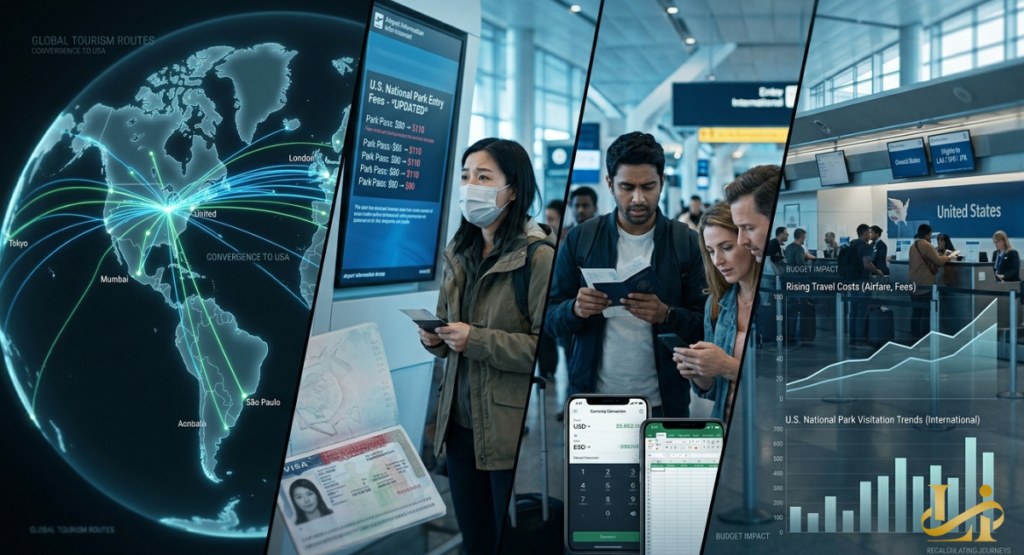 Collage of global flight routes, airport fee screens, and travelers checking currency conversions. Graphs show rising travel costs and shifting international visitation trends to U.S. parks.