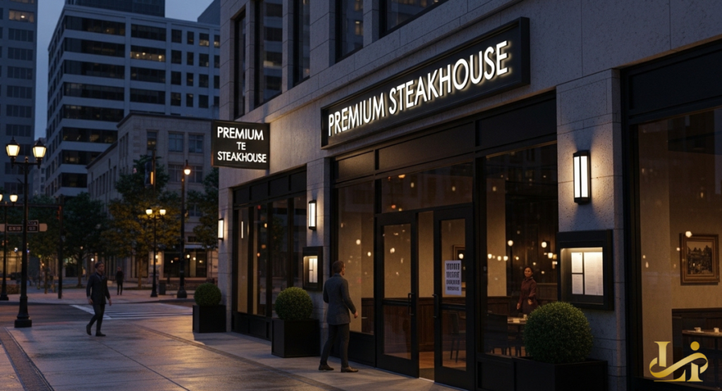 A “PREMIUM STEAKHOUSE” glows on a downtown corner at dusk as patrons approach the entrance and staff work inside.