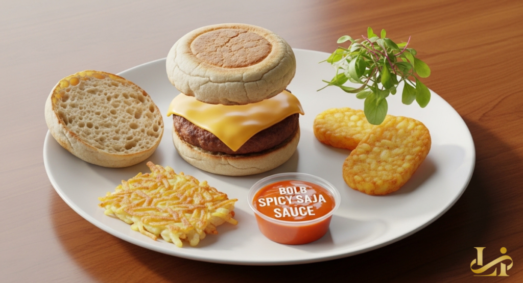 A deconstructed view of a breakfast sandwich showing a toasted English muffin, a savory sausage patty, a folded egg, and a layer of bright orange spicy sauce. Fresh ingredients like cracked black pepper and red chili flakes are scattered artistically around the sandwich.