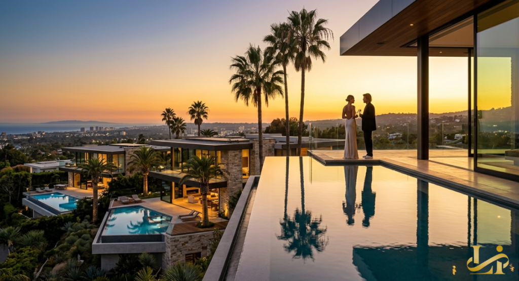 A couple stands on a modern balcony overlooking a series of infinity pools and a sprawling city valley at twilight. The architecture features clean lines and floor-to-ceiling glass walls.